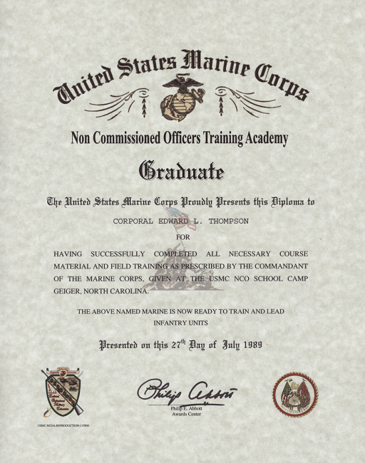 USMC NCO School certificate,marine corps Noncommissioned Officers ...