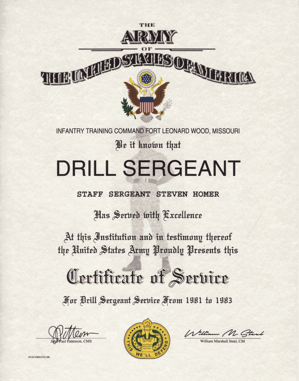 Army Drill Sergeant Certificate Of Service