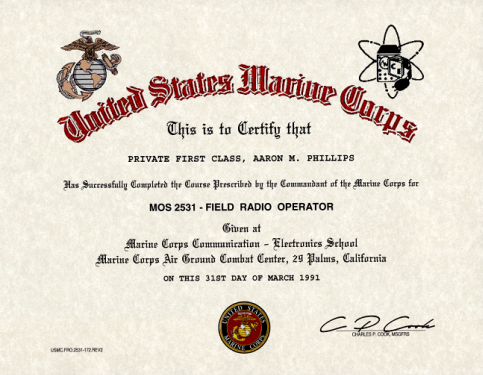 USMC Field Radio Operator Course Certificate