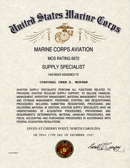 USMC Marine Aviation MOS 6672 Certificate